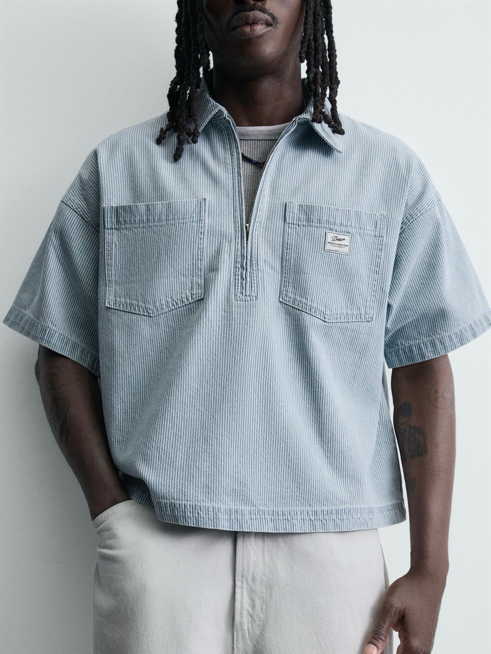 Zara men Denim zipper polo shirt washed striped boxy fit short sleeve
